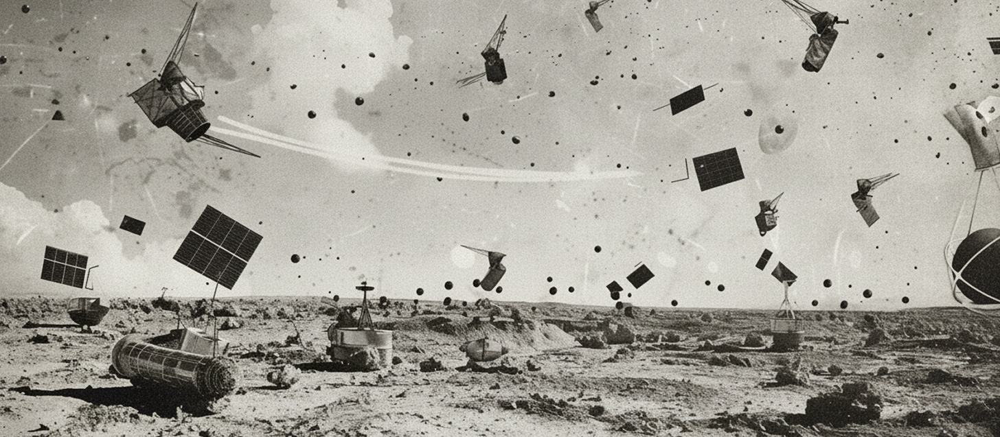 Collage noir et blanc : des satellites retombés au sol dans un paysage désertique, d'autres encore en vol