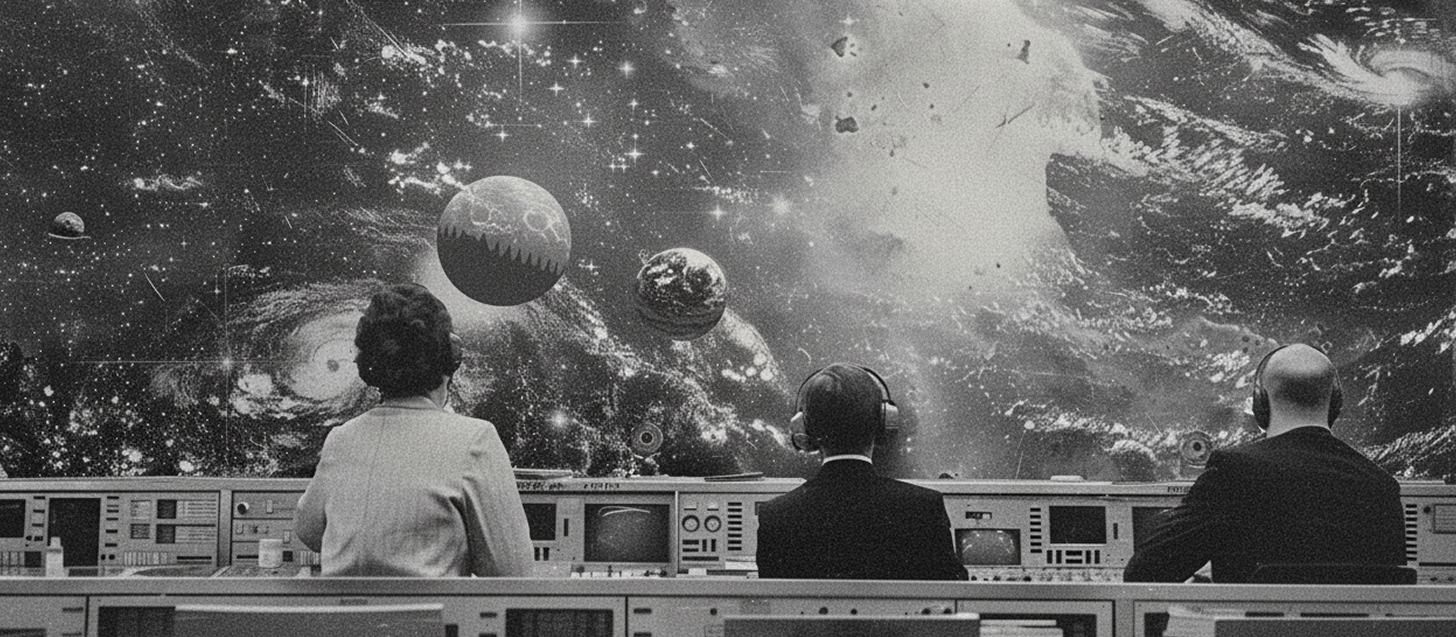 Collage noir et blanc : trois opérateurs de dos devant une console, face à un mur d'écrans montrant des planètes
