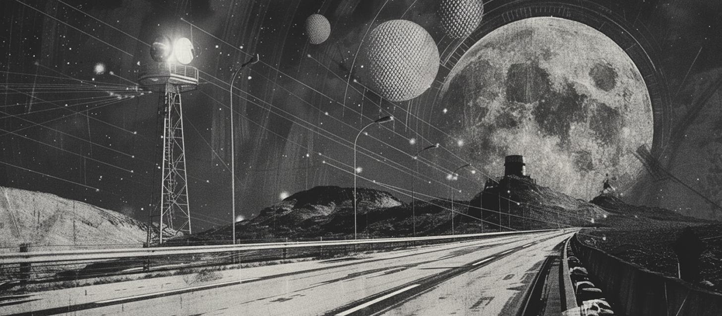 Collage noir et blanc : une route qui s'élève vers une lune cerclée d'un anneau, dans un ciel étoilé